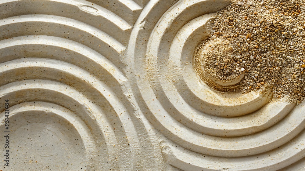 Poster top view pattern in japanese zen garden with close up concentric circles on sand for meditation and 