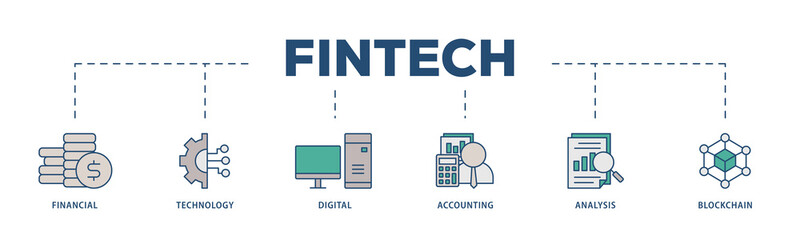 Fintech icons process structure web banner illustration of financial, technology, digital, accounting, analysis and blockchain icon png transparent background.