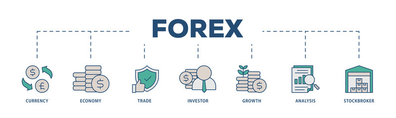 Forex icons process structure web banner illustration of currency, economy, trade, investor, growth, analysis and stockbroker icon png transparent background.