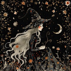 Enchanting Witch Pattern with Floral  Nature  and Celestial Elements for Halloween Postcards and Banners