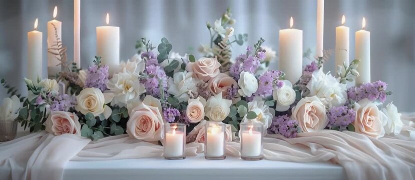 Beautiful table setting with eustoma flowers and candles for wedding celebration.