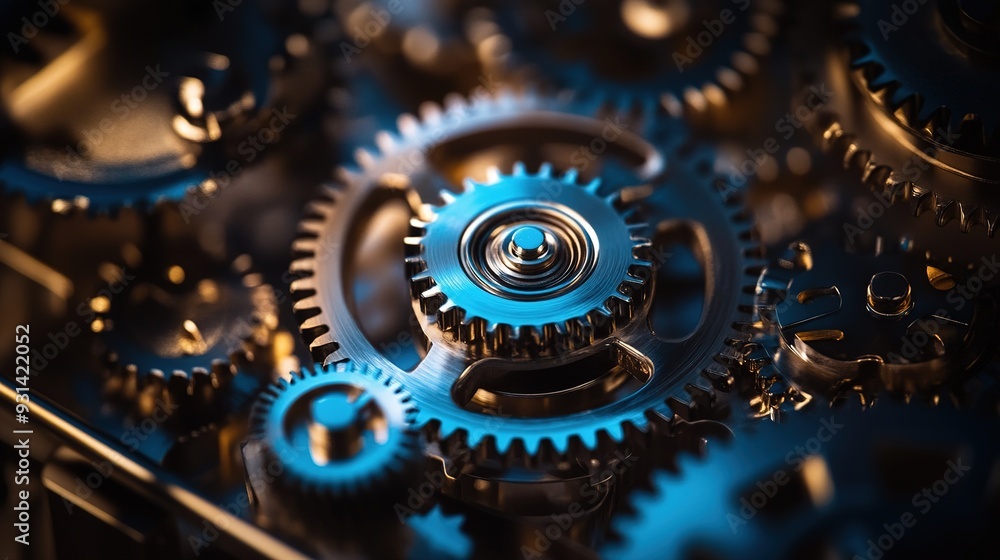 Poster close-up of intricate metal gears in a vintage machine illuminated by warm light in a workshop setti