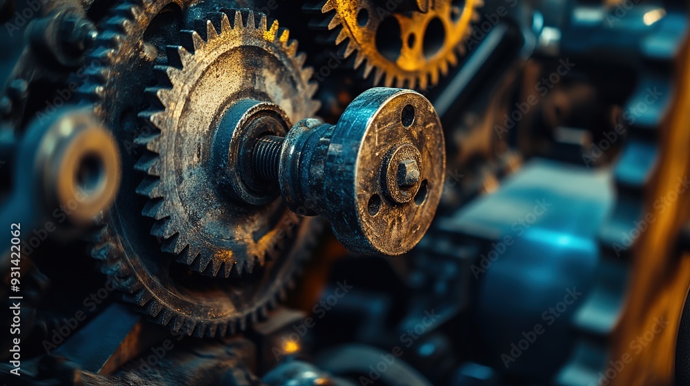 Aufkleber close-up of intricate metal gears in a vintage machine illuminated by warm light in a workshop setti