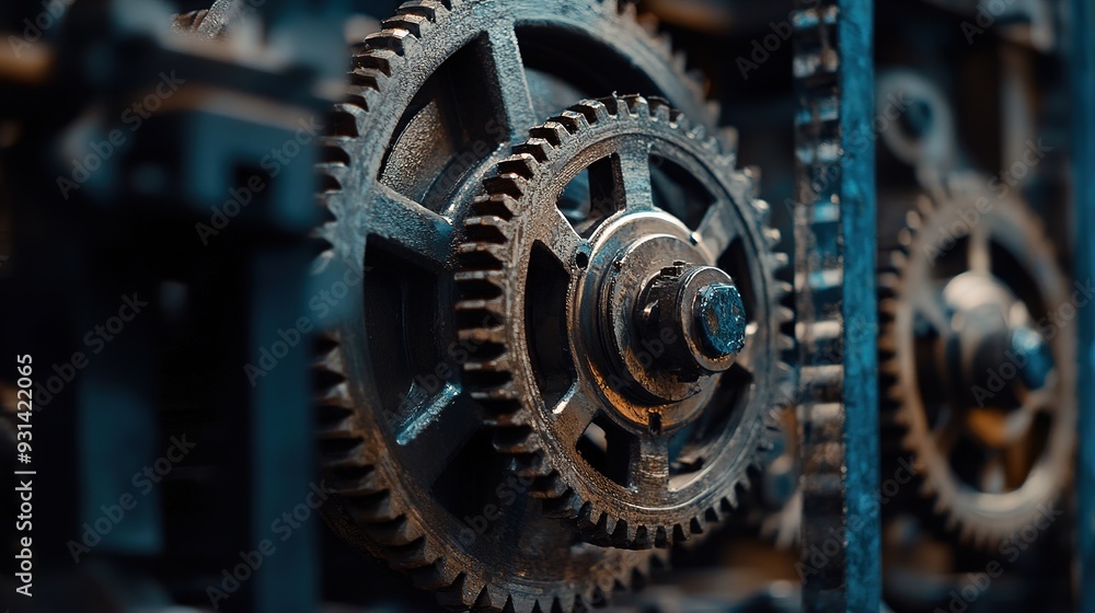 Poster close-up of intricate metal gears in a vintage machine illuminated by warm light in a workshop setti