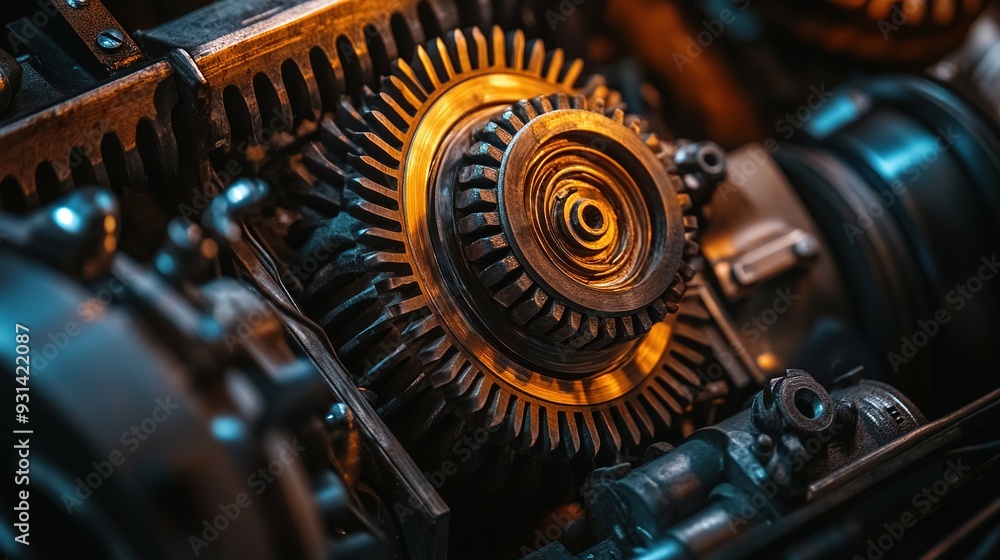 Aufkleber close-up of intricate metal gears in a vintage machine illuminated by warm light in a workshop setti