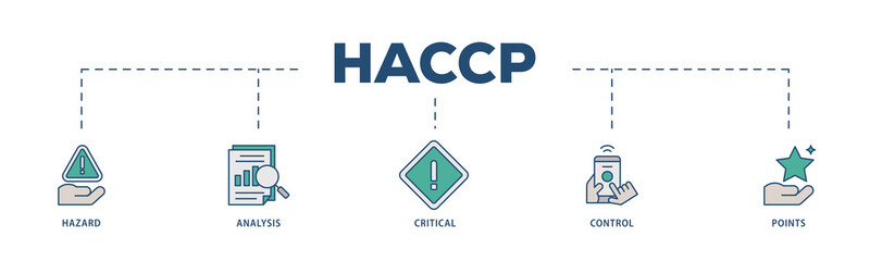 HACCP icons process structure web banner illustration of hazard analysis and critical control points acronym in food safety management system icon png transparent background.