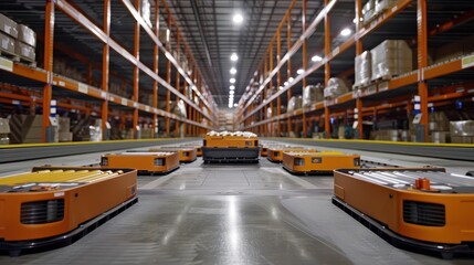 Obraz premium Robotic warehouse fulfillment center, automated sorting,