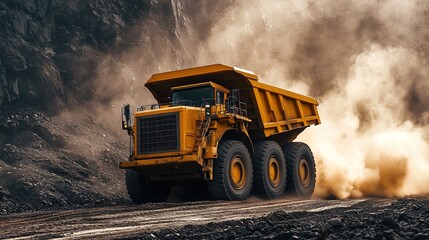 Yellow dump truck transporting material along a dusty road in a mountainous area at dusk