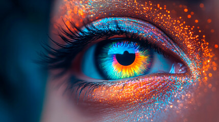 Captivating close-up of a vividly colored eye, ideal for themes in beauty, digital art, and creative expression.