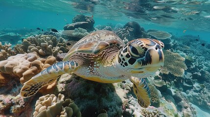 Fototapeta premium A Green Sea Turtle Swimming Through Coral Reefs