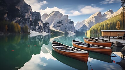 Photo Boats on the Braies Lake ( Pragser Wildsee ) in Dolomites mountains, Sudtirol, Italy