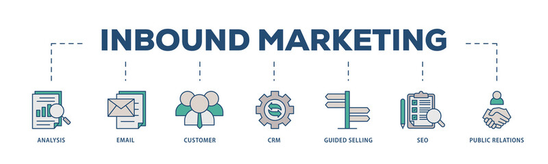 Inbound marketing icons process structure web banner illustration of analysis, email, customer, crm, guided selling, seo and public relations icon png transparent background.