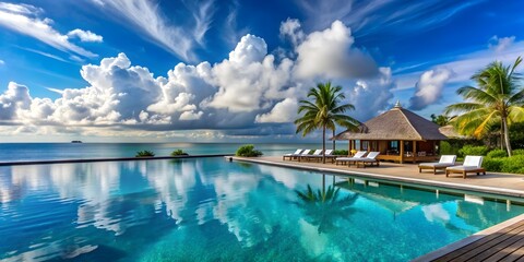 Tropical resort hotel in Maldives with a pool overlooking a clear blue sky dotted with fluffy white clouds, Maldives, tropical