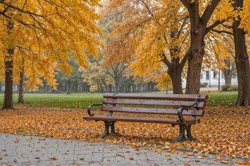 Autumn park scene with an empty bench and yellow leaves, perfect for nostalgia and tranquility themes.