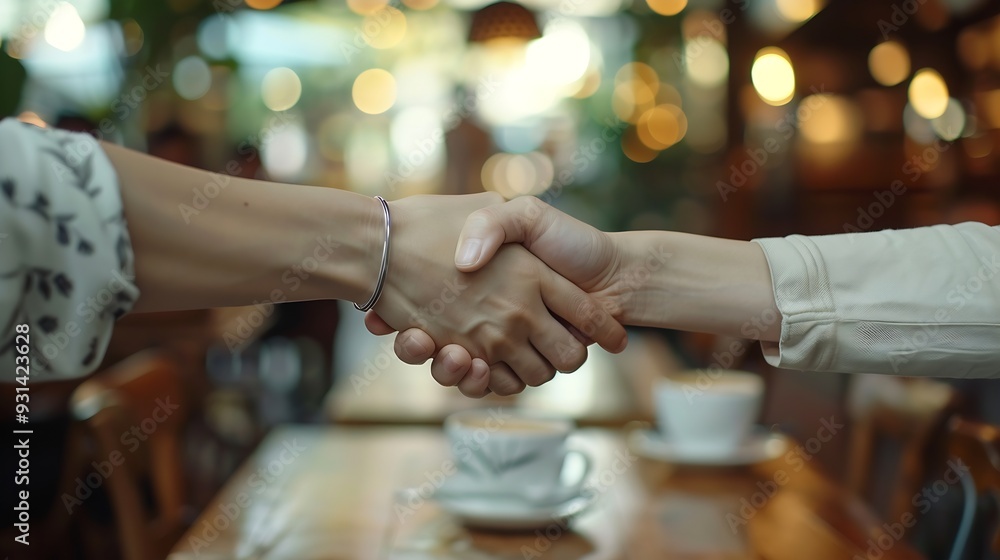 Aufkleber business people meeting and handshake at cafe for introduction onboarding and remote work opportunit