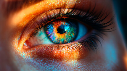 Fototapeta premium A mesmerizing close-up of an eye with a kaleidoscopically colorful iris, capturing the essence of visual beauty and unique individuality.