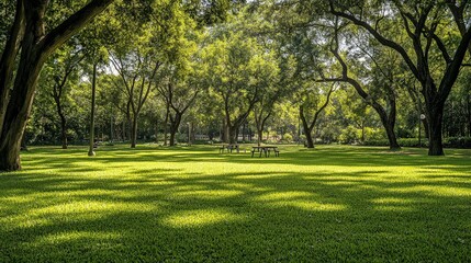 Obraz premium A lush park with expansive grass areas and shaded picnic spots. The open, green spaces and the inviting shade create a pleasant and relaxing outdoor environment.
