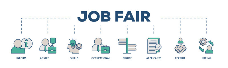 Job fair icons process structure web banner illustration of the information, advice, skills, occupational, applicants, recruit, and hiring icon png transparent background.