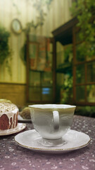 cup of coffee and cake, Tea Time, Tea Table with Cakes and Porcelain Cups
