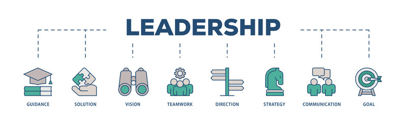 Leadership icons process structure web banner illustration of vision, skills, confidence, motivation, integrity, empowering icon png transparent background.