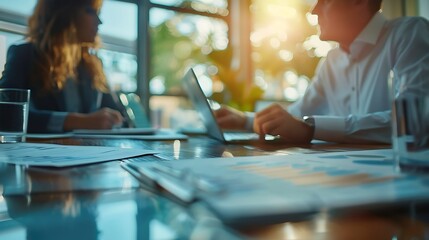 Office expert and business people in meeting teamwork and planning with feedback for funding proposal Accounting broker and employees with conversation review finances and trading with : Generative AI