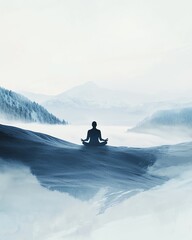 Silhouette of a person meditating on a mountaintop with fog and trees in the background.
