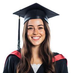 Graduate wearing cap and gown smiling brightly, cut out - stock png.