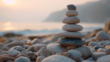 Pebble tower balance harmony stones arrangement on sea beach coastline Relaxing peaceful formation pyramid cobblestone philosophy equilibrium spiritual tranquility Spa therapy summer t : Generative AI