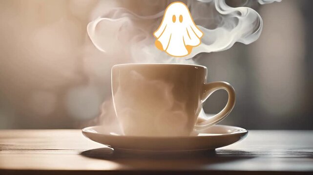The cute ghost floating on a cup of coffee with steam on Halloween