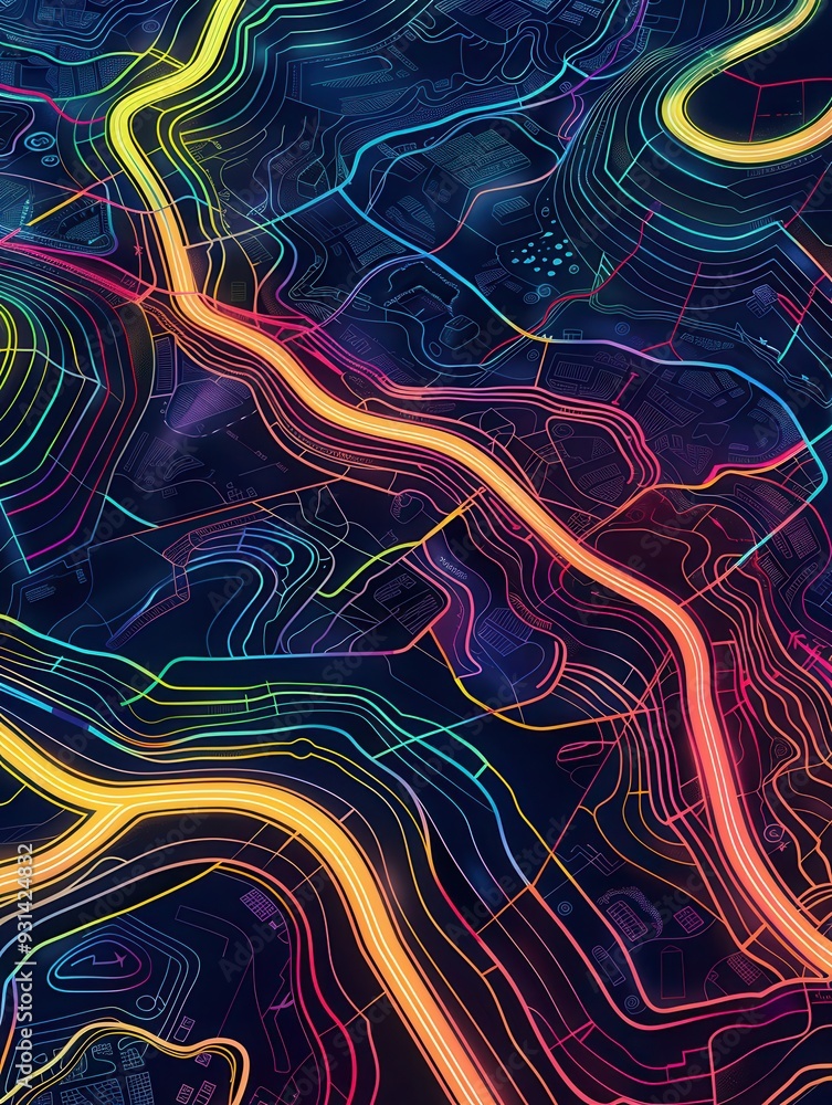Leinwandbilder vibrant, crisscrossing lines overlay a stylized map to represent movement and connectivity themes re