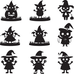 Collection of Halloween silhouettes. Haunted house, creepy tree, flying witch, pumpkins, halloween ghost, owl, coffin lid etc