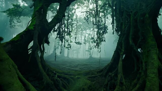 Misty enchanted forest with dense vines and lush greenery