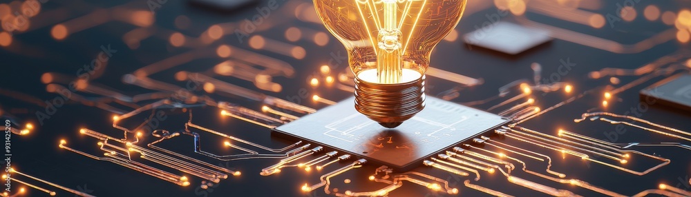 Poster glowing light bulb on a circuit board, symbolizing innovation and technology. ideal for tech-related