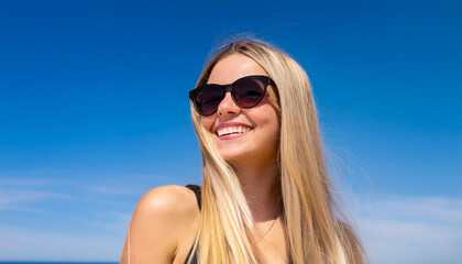 jeune femme blonde souriante aux cheveux longs et lunettes de soleil en vacances