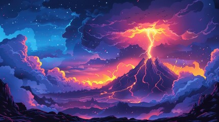 Volcano Erupting with Lightning Strike in a Night Sky