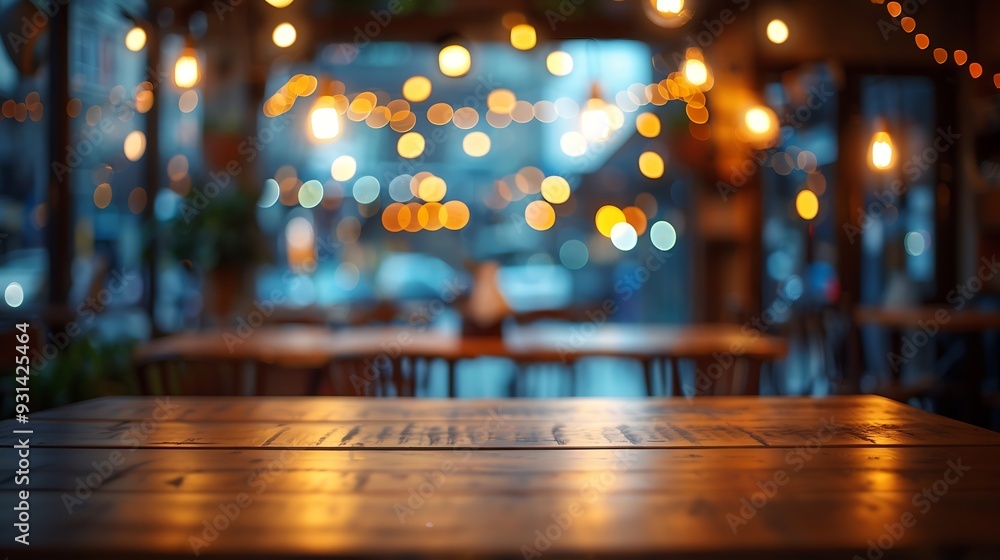 Aufkleber Blurred restaurant or cafe background Tables and chairs in the lobby of restaurant Visitors to restaurant for dinner Cozy bokeh lightening Beautiful bright interior Blurred bokeh basic : Generative AI