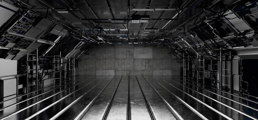 Gloss. Factory, plant. Iron tunnel. Production hangar. Neon light. Futuristic background for product presentation. Metal garage. Futuristic, empty garage. 3D rendering.