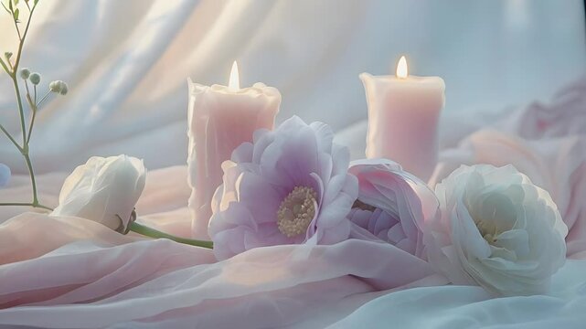 Beautiful table setting with eustoma flowers and candles for wedding celebration.