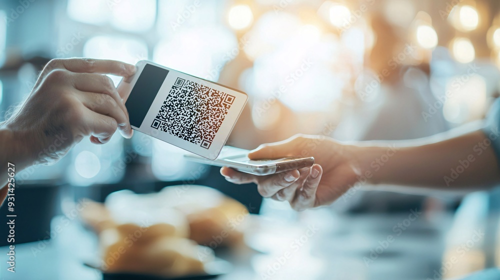 Poster person scanning a qr code to make a payment using a digital wallet, illustrating seamless transactio