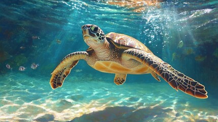Fototapeta premium A mesmerizing underwater scene with a sea turtle gliding gracefully through crystal-clear water.