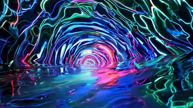 Neon light tunnel reflection in vibrant technicolor water ripple abstract art