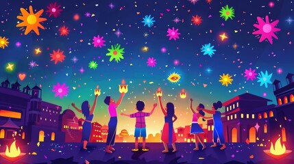 A joyful street scene with people dancing and celebrating Diwali together cartoon Vector Illustration