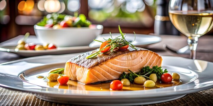 Fine dining experience with a beautifully plated salmon meal accompanied by luxury ambiance and elegant decor , fine dining