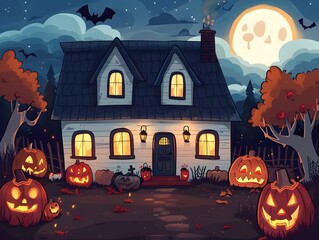 Charming Haunted House in Spooky Autumn Night Landscape with Glowing Pumpkins and Bats
