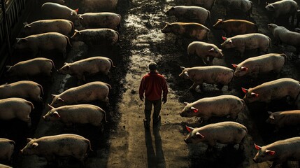 Obraz premium A lone farmer stands amidst a herd of pigs on a muddy farm.