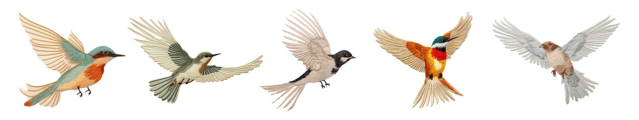 Fototapeta premium cute flying bird embroidery style png cut out element set