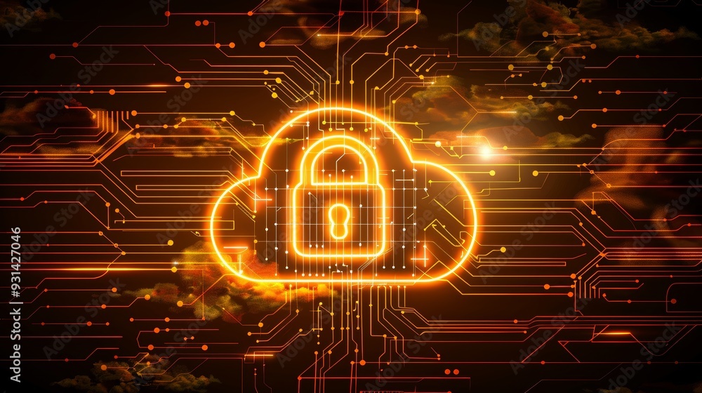 Poster cloud computing security, glowing cloud with padlock icon on circuit board background