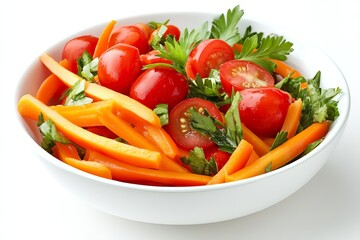 Design a bowl of sliced red bell peppers, cherry tomatoes, and baby carrots with a light dressing, set against a white background.