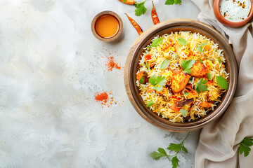 Top view of biryani rice on light background
