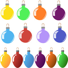 Round and oval Christmas toys of different colors. Vector illustration glass Christmas balls for decorating a Christmas tree